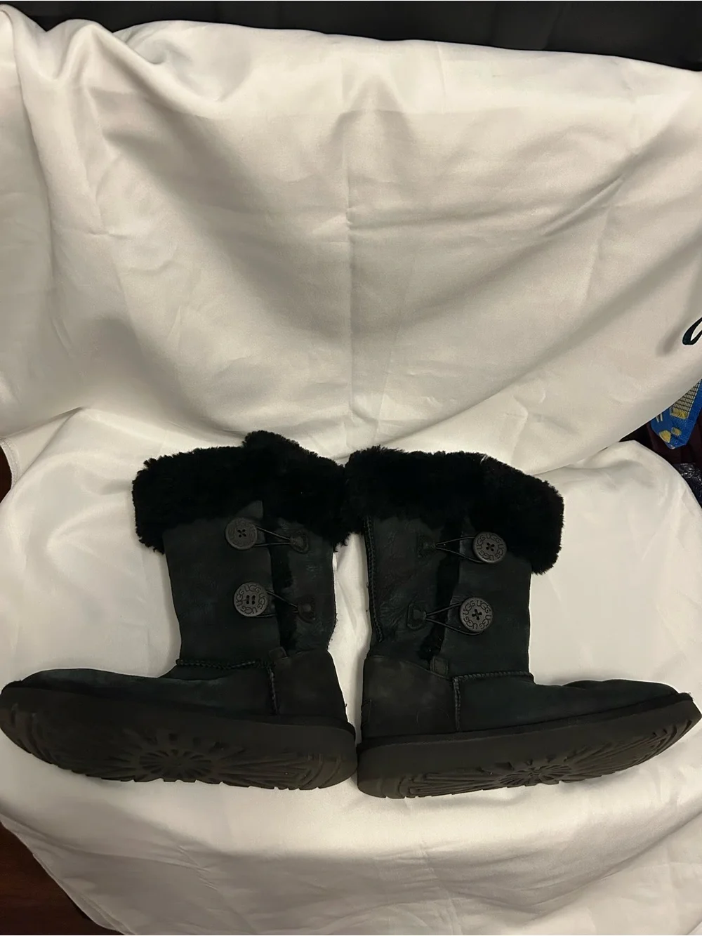 Women’s Black Faux-Fur Button Snow Boots